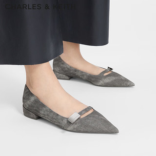 CHARLES&KEITH24秋CK1-70381060金属扣饰平底尖头芭蕾鞋单鞋 DARK GREY深灰色 37