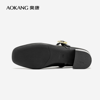 奥康（Aokang）浅口工作鞋一字扣玛丽珍鞋舒适粗跟单鞋黑色36码