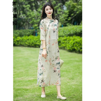 旗袍连衣裙改良版新式中式日常款苎麻立瓴斜襟中袖改良旗袍显瘦气质高端上档次印花连 米白色 2XL 120-130