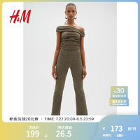 H&M女装2024夏季纹理喇叭打底裤1248833 深卡其绿 160/72