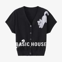 Basic House/百家好夏季新款撞色休闲百搭可爱风猫咪短袖针织衫女