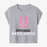 百家好（Basic House）Basic House/百家好夏日休闲百搭时尚小众设计感提花短袖针织衫女 浅花灰 L