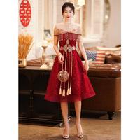 龙凤朵订婚衣服女高级感中式敬酒服新娘2024夏季薄款简单大气高级感 酒红色中长款 L104-109斤/157cm-161cm