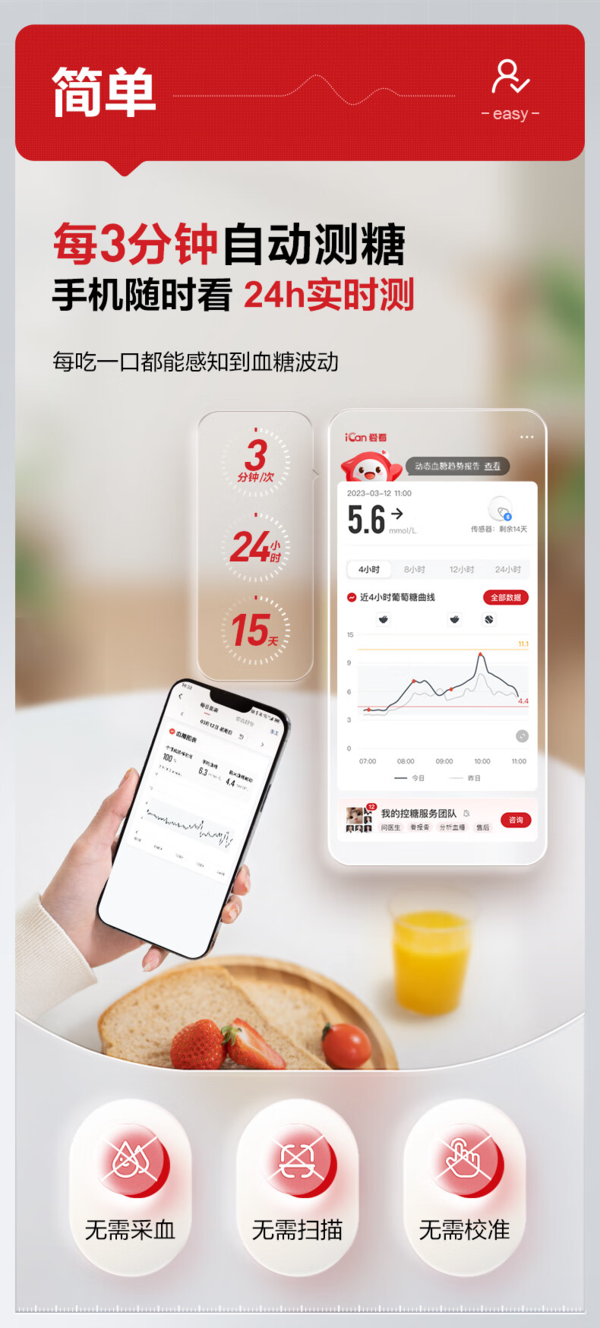 值选、概率券：Sinocare 三诺 爱看动态血糖仪iCGM-S3 6盒装 出行智能控糖管家！