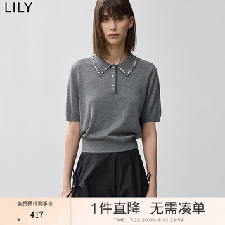 丽丽 LILY2024秋格雷系芭蕾风珍珠POLO领短袖针织衫女 506中灰 XS