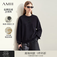 AMII2024早秋圆领珠绣玫瑰英文刺绣全棉拉绒卫衣女落肩袖上衣 黑色 160/84A/M