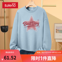 班尼路圆领卫衣女2024早秋杏色设计感休闲外套宽松上衣女 雾霾蓝-粉色五角星 M