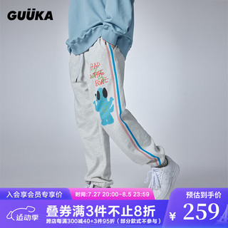 古由卡（GUUKA）潮牌轻磨毛纯棉收口卫裤男秋 创意胶印撞色分割长裤宽松百搭 花杏 L