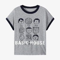 Basic House/百家好卡通撞色短袖针织衫夏季减龄字母圆领T恤2024 清冷灰 S