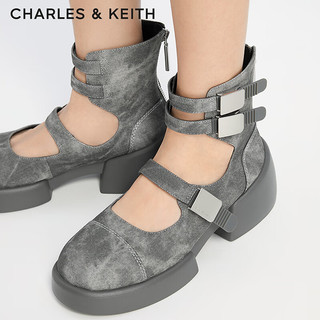 CHARLES&KEITH24秋CK1-90580194厚底金属扣镂空玛丽珍短靴女 DARK GREY深灰色 35