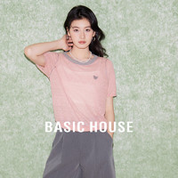 Basic House/百家好撞色爱心天丝针织衫夏季薄款短袖上衣短款 粉色 L