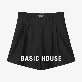 Basic House/百家好拼接捏褶西装短裤高腰纯色直筒裤子夏季新款女