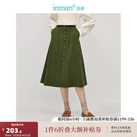 茵曼（INMAN）通勤压褶单排扣半身裙2024秋季女装高腰遮胯显瘦A字裙 绿色 XL