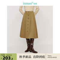 茵曼（INMAN）通勤压褶单排扣半身裙2024秋季女装高腰遮胯显瘦A字裙 深咖啡 L