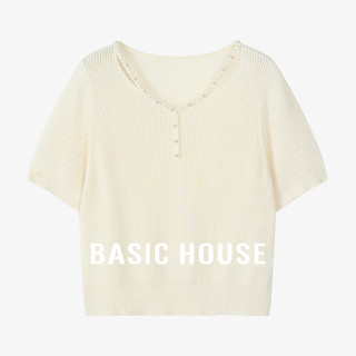 Basic House/百家好重工珠钉针织衫夏季镂空绵羊毛薄款短袖上衣女 米白 L