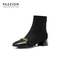 PAZZION女靴金属链真皮弹力靴秋冬款粗跟袜靴中跟增高靴子短筒靴 黑色 38