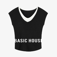 Basic House/百家好莱赛尔撞色假两件针织衫V领小飞袖拼接上衣夏 黑色 M