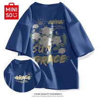 名创优品（MINISO）牛油果绿短袖t恤男夏季纯棉上衣高级感衣服油画山茶花印花半袖女 蔚蓝(阳光山茶中标_背标) 3XL(体重180-205斤)