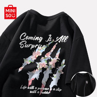 名创优品（MINISO）牛油果绿短袖t恤男夏季纯棉上衣高级感衣服油画山茶花印花半袖女 黑色(爪痕樱花胸标_大背标) 180/XL(不起球不掉色)