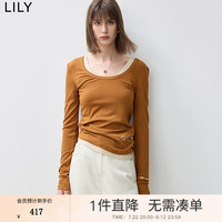 丽丽 LILY2024秋假两件U领精致感LOGO绣花慵懒长袖T恤 913朱砂橘 XL