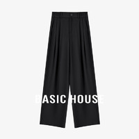 Basic House/百家好黑色直筒休闲裤女夏季宽松垂坠感阔腿长裤 黑色 S