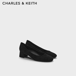 CHARLES&KEITH24秋CK1-61720208亮面圆头浅口粗跟通勤单鞋女 BLACK TEXTURED黑色纹理 36