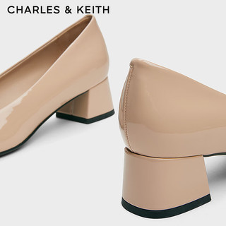 CHARLES&KEITH24秋CK1-61720208亮面圆头浅口粗跟通勤单鞋女 Nude肉色 41