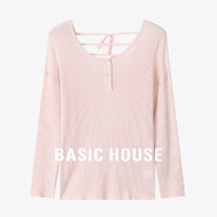 Basic House/百家好慵懒风天丝露背系带针织衫夏季防晒显瘦罩衫女 粉色 M