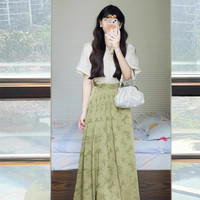 新中式绿色改良马面裙套装女2024夏季汉服衬衫半身裙国风两件套潮