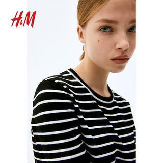 H&M2024夏季女装时尚休闲柔软细密针织T恤1232470 黑色/条纹 170/104 L