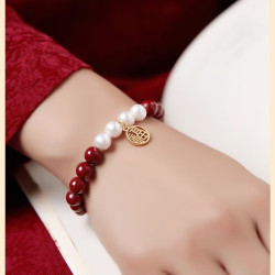 tmowo新款本命年珍珠手链女本命年原矿朱砂手串