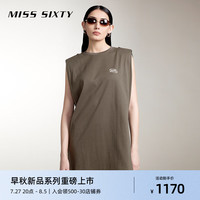 MISS SIXTY2024秋季新款连衣裙女圆领垫肩无袖撞色印花宽松短裙 军绿
