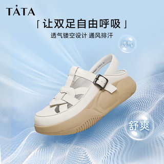 他她（TATA）厚底复古罗马凉鞋女鞋包头凉鞋溯溪鞋夏WW601BH4 米白 38