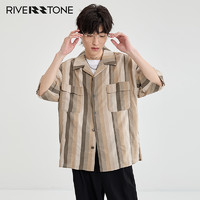 RIVERSTONE 瑞弗史东 RS男装夏装条纹中袖衬衫2024新款夏季微胖男生穿搭宽松休闲衬衣潮