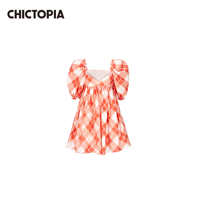 CHICTOPIA CHIC 刘清扬新品橘红色格子泡泡袖高腰连衣裙