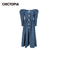 CHICTOPIA CHIC刘清扬新疆棉波点牛仔泡泡袖方领连衣裙