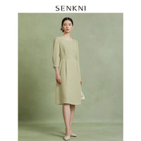senkni 圣可尼 薄荷曼波法式茶歇裙浪漫百合领绿色肌理感中袖连衣裙