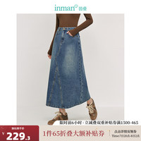 茵曼（INMAN）复古分割设计牛仔裙2024秋季女装洗水A字宽松显瘦半身裙子 牛仔蓝 L