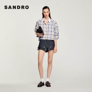 SANDRO2024早秋新款女装法式钻饰撞色翻领短款格纹衬衫SFPCM01174 47/蓝色