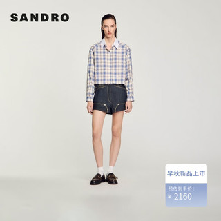 SANDRO2024早秋女装法式钻饰撞色翻领短款格纹衬衫SFPCM01174 47/蓝色 1