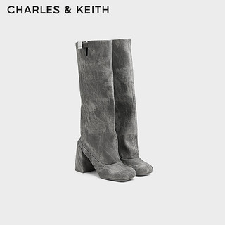 CHARLES&KEITH24秋季CK1-90360406时尚方头粗高跟长靴裤管靴 DARK GREY深灰色 35