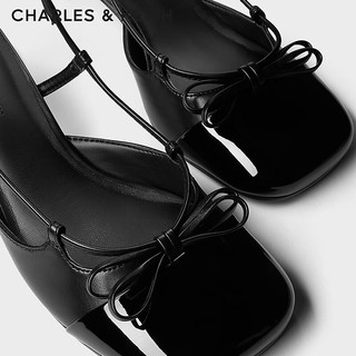 CHARLES&KEITH24秋季CK1-60280453方头蝴蝶结包头低跟凉鞋女 Black Patent黑色 35