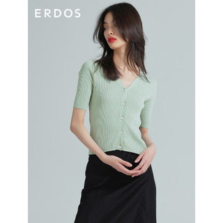 ERDOS 春夏小翻领气质通勤修身抽条半袖女针织开衫 雾绿色 155/76A/XS