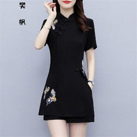 樊枫旗袍套装女夏季中国风改良版复古刺绣上衣气质短裤两件装 黑色827 XL115-130斤