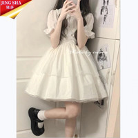 镜莎夏季女生短袖韩版连衣裙裙子夏天仙女高中初中生女装洛丽塔套装女夏季日系百搭背带连衣裙子 【套装】背带裙+白衬衫 S