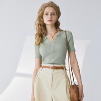 MB女式V领针织衫季莱赛尔薄款POLO领上衣