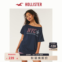 HOLLISTER24秋季美式辣妹图案宽松露肩短袖T恤 女 KI357-3294 深蓝色 L (165/100A)