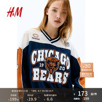 H&M女装2024秋季宽松印花网纱上衣1242032 海军蓝/NFL 170/116 XL