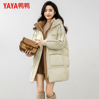 鸭鸭（YAYA）羽绒服女中长款连帽加厚保暖2024冬季时尚百搭休闲外套 米白 M