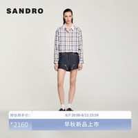 SANDRO2024早秋女装法式钻饰撞色翻领短款格纹衬衫SFPCM01174 47/蓝色 2